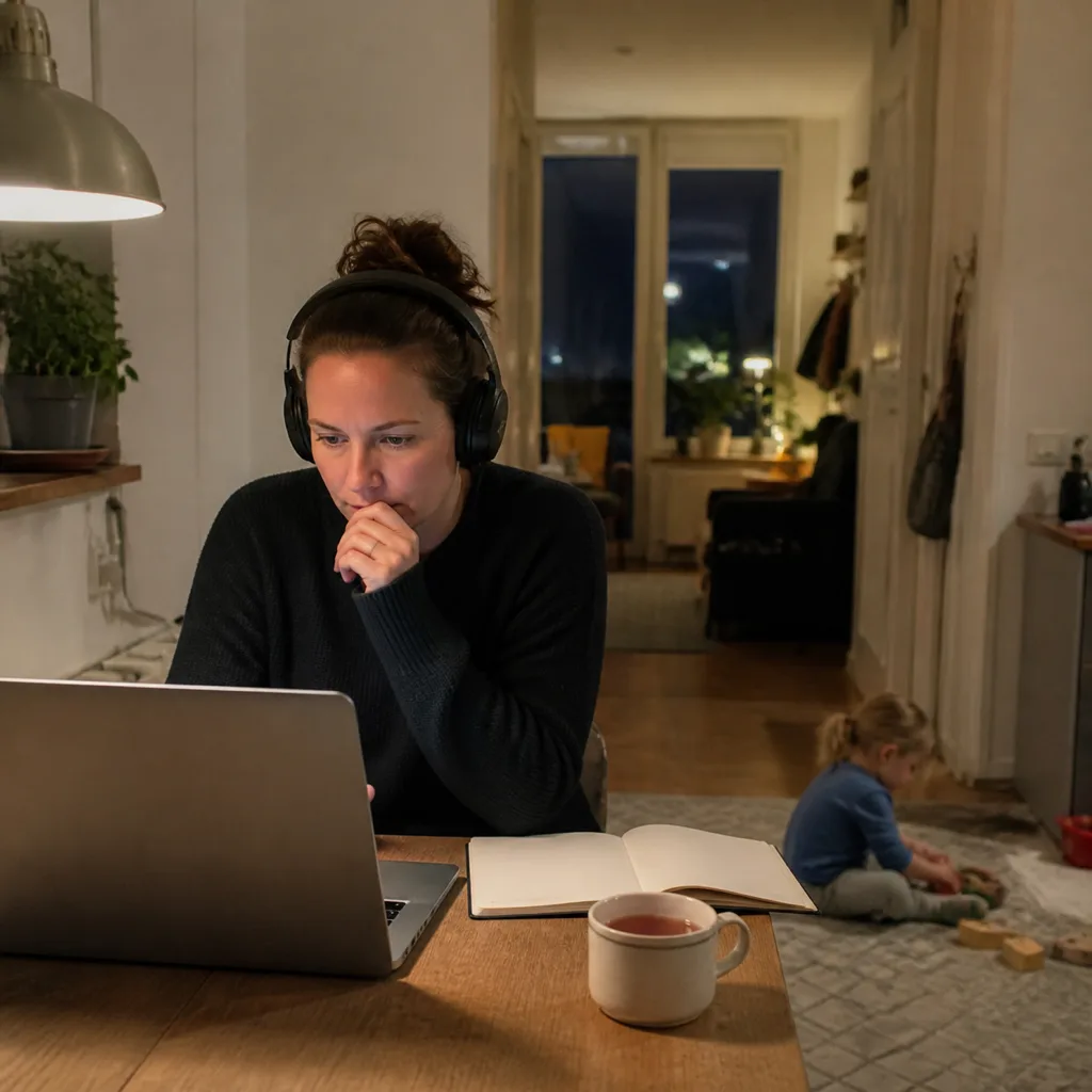 Een vrouw leert alleen thuis achter een laptop